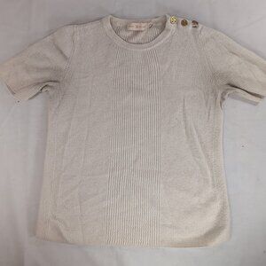 Tory Burch Cashmere Stud Short Sleeve Knit Sweater Cream Beige S Gold Buttons